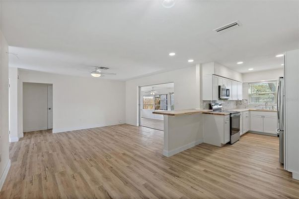 Interior, Kitchen, Recessed Lighting, Wood Texture Flooring