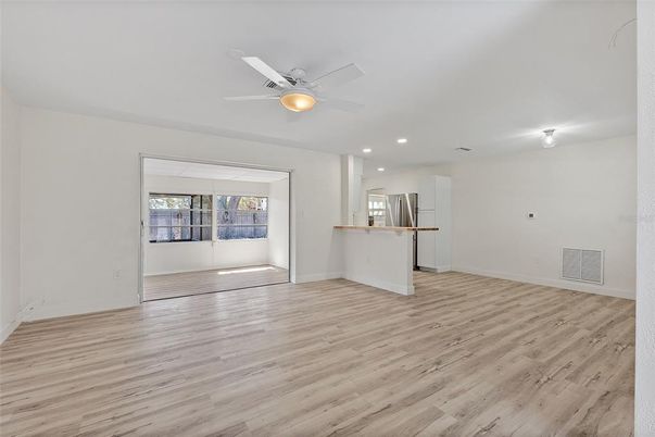 Empty room, Interior, Kitchen, Recessed Lighting, Wood Texture Flooring