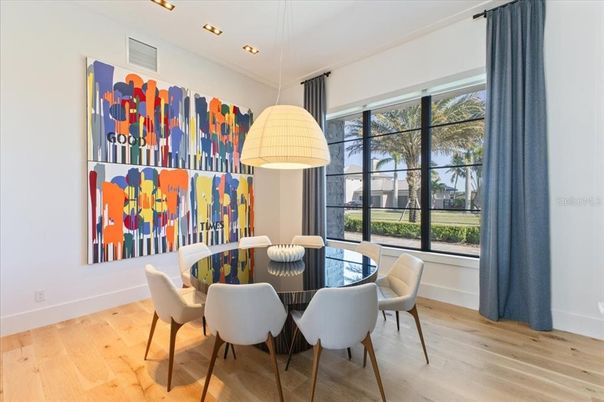 Dining room, Interior, Pendant Lights, Recessed Lighting, Wood Texture Flooring