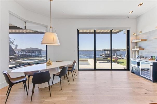 Dining room, Interior, Pendant Lights, Recessed Lighting, Water, Wood Texture Flooring