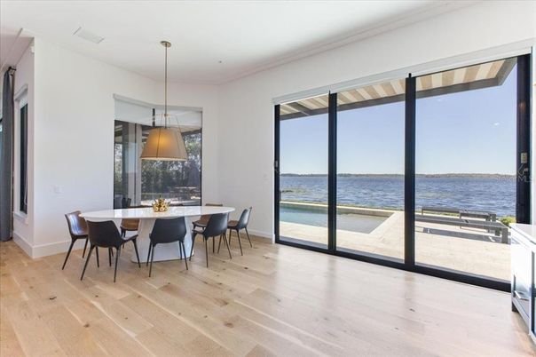 Dining room, Interior, Pendant Lights, Water, Wood Texture Flooring