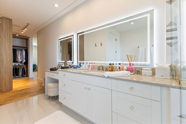 Bathroom, Dual Sink Vanities, Interior, Recessed Lighting, Wood Texture Flooring