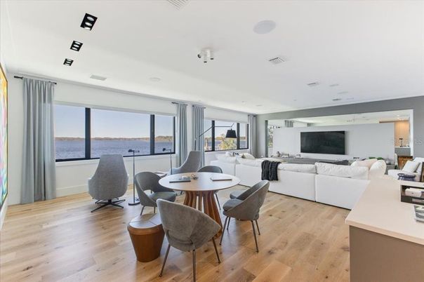 Interior, Living room, Recessed Lighting, Water, Wood Texture Flooring