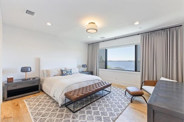 Bedroom, Interior, Recessed Lighting, Water, Wood Texture Flooring