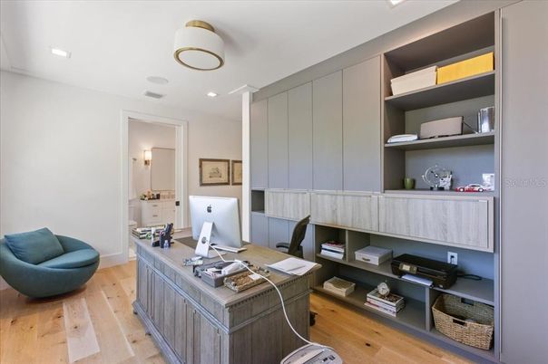 Home Office, Interior, Recessed Lighting, Wood Texture Flooring