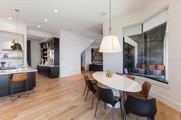 Dining room, Interior, Pendant Lights, Recessed Lighting, Wood Texture Flooring