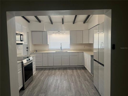 Interior, Kitchen, Stainless Steel Appliances, Wooden Beams, Wood Texture Flooring