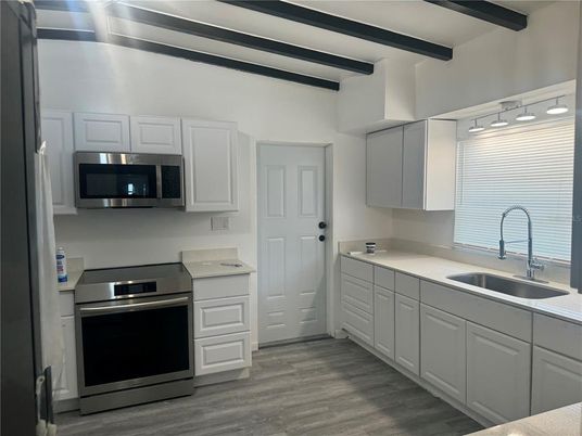 Interior, Kitchen, Stainless Steel Appliances, Wooden Beams, Wood Texture Flooring