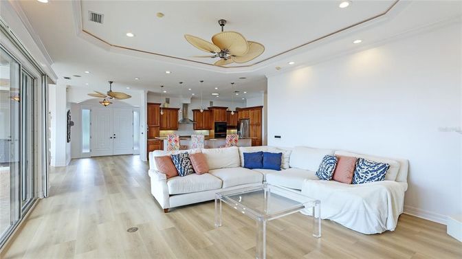 Interior, Kitchen, Living room, Recessed Lighting, Stainless Steel Appliances, Wood Texture Flooring