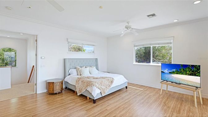Bedroom, Interior, Recessed Lighting, Wood Texture Flooring