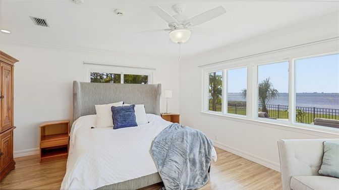 Bedroom, Interior, Recessed Lighting, Water, Wood Texture Flooring