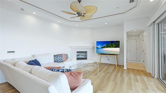 Fireplace, Interior, Living room, Recessed Lighting, Wood Texture Flooring