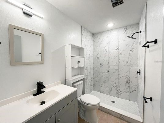Bathroom, Glass Shower, Interior, Marble Walls, Recessed Lighting