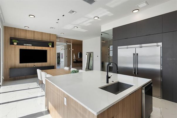 Interior, Kitchen, Marble, Pendant Lights, Recessed Lighting, Stainless Steel Appliances