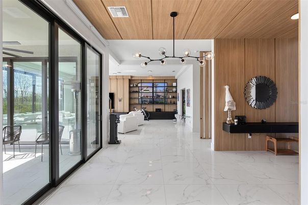 Interior, Living room, Marble, Pendant Lights, Wooden Ceilings, Wooden Walls