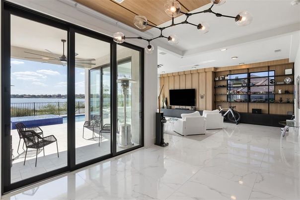 Interior, Living room, Marble, Pendant Lights, Recessed Lighting, Wooden Walls