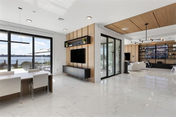 Dining room, Interior, Living room, Marble, Pendant Lights, Recessed Lighting, Water, Wooden Ceilings