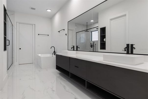Bathroom, Dual Sink Vanities, Free Standing Baths, Glass Shower, Interior, Marble, Recessed Lighting