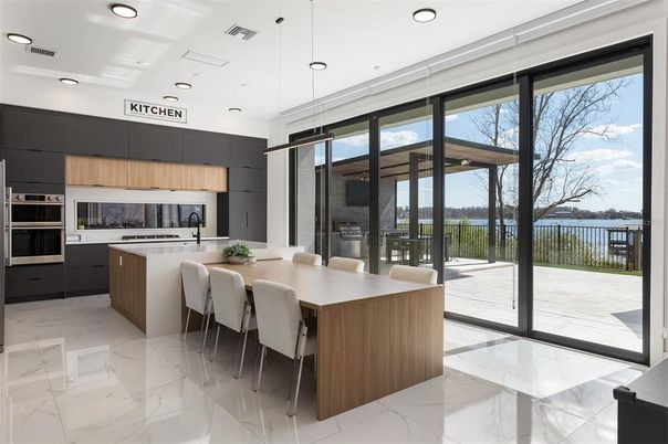 Dining room, Interior, Kitchen, Marble, Pendant Lights, Recessed Lighting, Stainless Steel Appliances