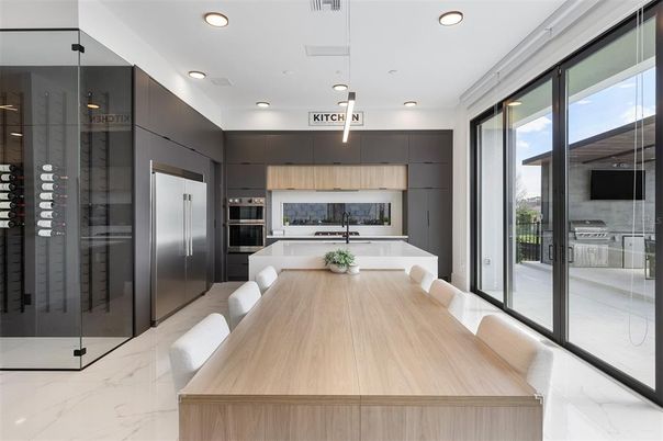Dining room, Interior, Kitchen, Marble, Pendant Lights, Recessed Lighting, Stainless Steel Appliances