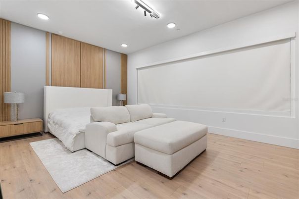 Bedroom, Interior, Recessed Lighting, Wood Texture Flooring