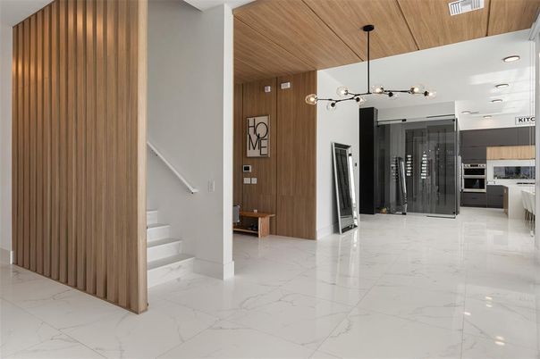 Interior, Kitchen, Marble, Pendant Lights, Recessed Lighting, Wooden Ceilings, Wooden Walls