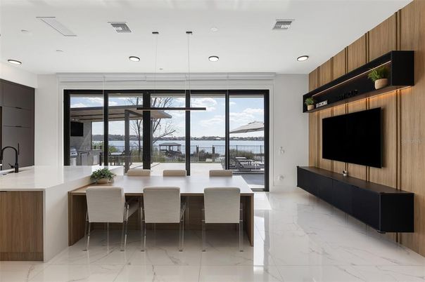 Dining room, Interior, Marble, Pendant Lights, Recessed Lighting, Water