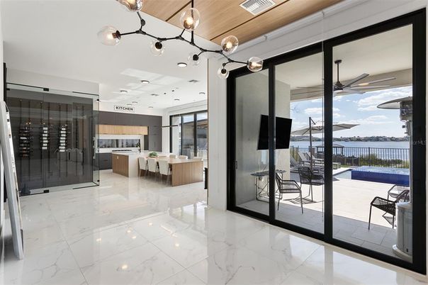 Dining room, Interior, Kitchen, Marble, Pendant Lights, Recessed Lighting, Wooden Ceilings