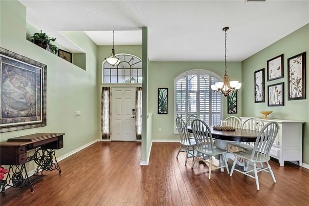Chandelier, Dining room, Interior, Pendant Lights, Wood Texture Flooring