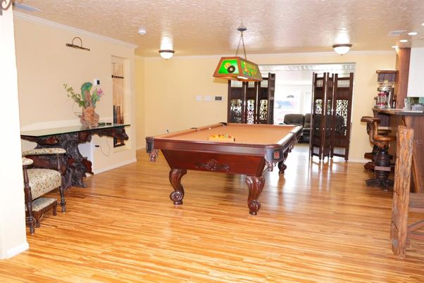 Billiard Table, Game Room, Interior, Pendant Lights, Wood Texture Flooring