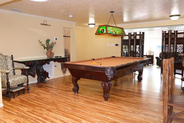 Billiard Table, Game Room, Interior, Pendant Lights, Wood Texture Flooring