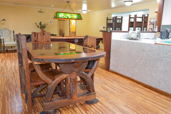 Dining room, Interior, Pendant Lights, Wood Texture Flooring