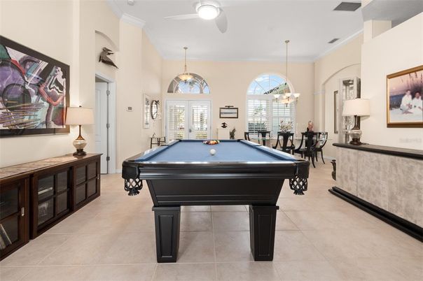 Billiard Table, Chandelier, Game Room, Interior, Pendant Lights