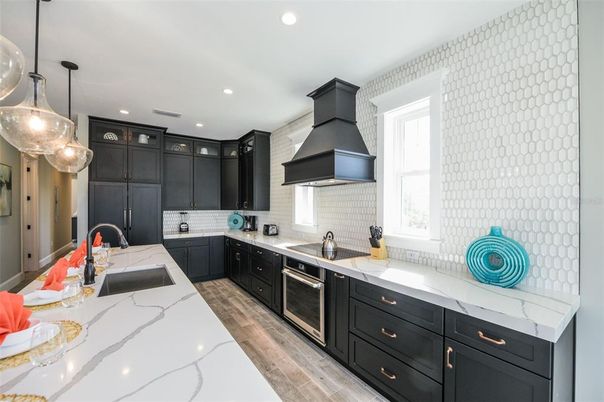 Interior, Kitchen, Pendant Lights, Recessed Lighting, Stainless Steel Appliances, Wood Texture Flooring