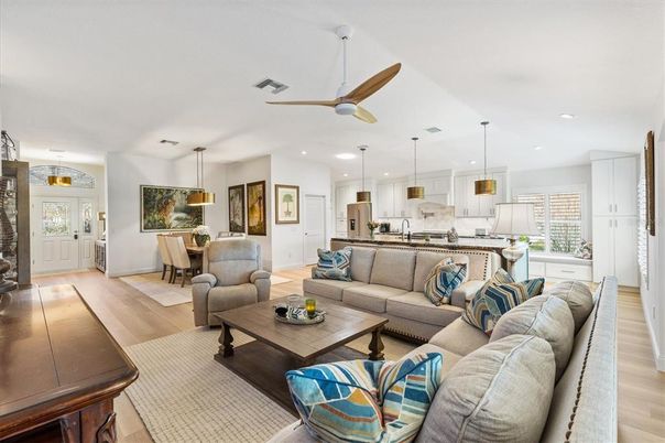 Dining room, Interior, Kitchen, Living room, Pendant Lights, Recessed Lighting, Stainless Steel Appliances, Wood Texture Flooring