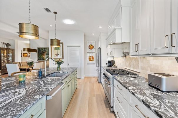 Interior, Kitchen, Pendant Lights, Recessed Lighting, Stainless Steel Appliances, Wood Texture Flooring