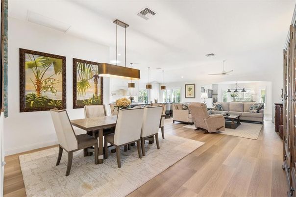 Dining room, Interior, Kitchen, Living room, Pendant Lights, Recessed Lighting, Wood Texture Flooring