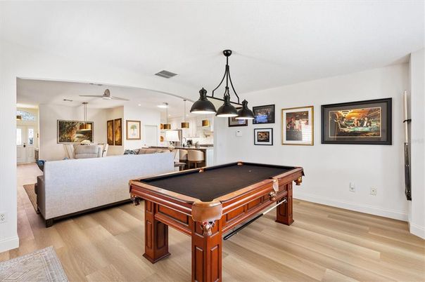 Billiard Table, Game Room, Interior, Kitchen, Living room, Pendant Lights, Recessed Lighting, Wood Texture Flooring