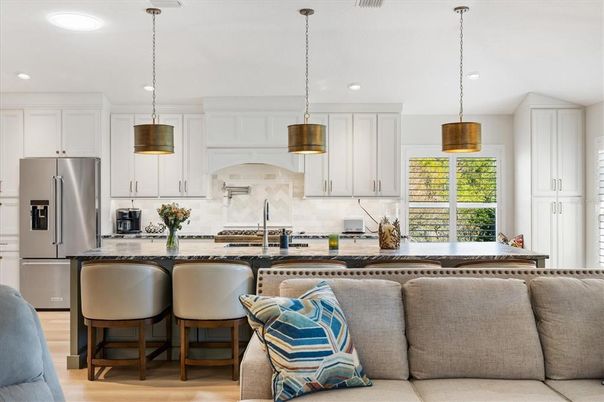 Interior, Kitchen, Living room, Pendant Lights, Recessed Lighting, Stainless Steel Appliances, Wood Texture Flooring