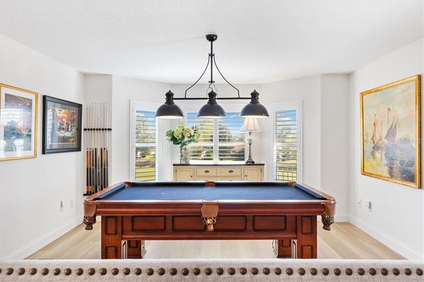 Billiard Table, Game Room, Interior, Pendant Lights, Wood Texture Flooring