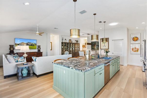 Interior, Kitchen, Living room, Pendant Lights, Recessed Lighting, Wood Texture Flooring