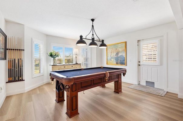 Billiard Table, Chandelier, Game Room, Interior, Pendant Lights, Wood Texture Flooring