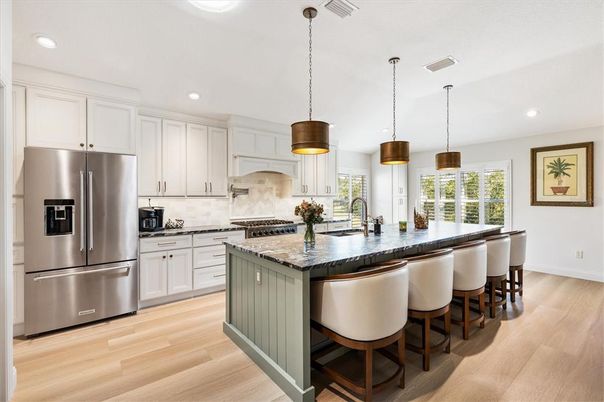 Interior, Kitchen, Pendant Lights, Recessed Lighting, Stainless Steel Appliances, Wood Texture Flooring
