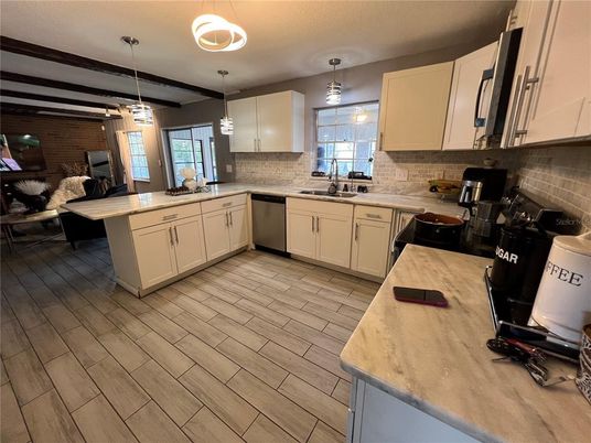 Dining room, Interior, Kitchen, Pendant Lights, Stone Walls, Wood Texture Flooring