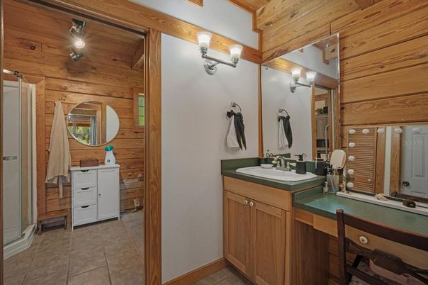 Bathroom, Dual Sink Vanities, Interior, Wooden Ceilings, Wooden Walls