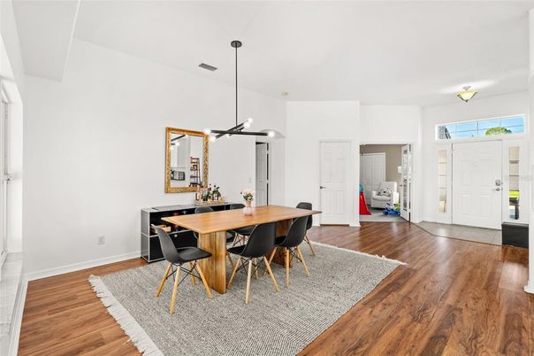 Dining room, Interior, Pendant Lights, Wood Texture Flooring