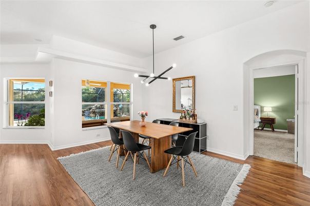 Dining room, Interior, Pendant Lights, Wood Texture Flooring