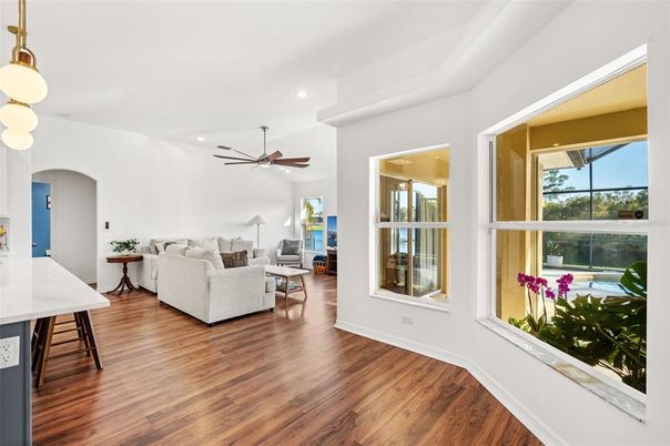 Interior, Living room, Pendant Lights, Recessed Lighting, Wood Texture Flooring