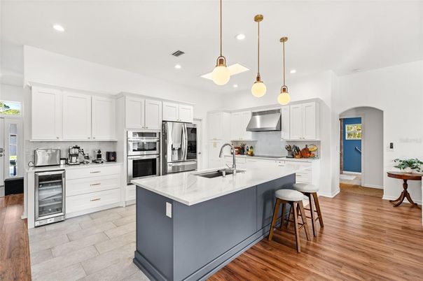 Interior, Kitchen, Pendant Lights, Recessed Lighting, Stainless Steel Appliances, Wood Texture Flooring