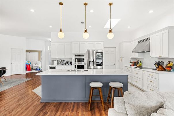 Interior, Kitchen, Pendant Lights, Recessed Lighting, Stainless Steel Appliances, Wood Texture Flooring